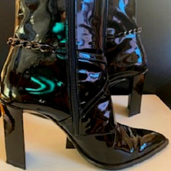 Charles Jourdan Black Leather Lacquer Boots Zip Up Sculpted Heel Sz: 6 1/2 - Picture 1 of 8